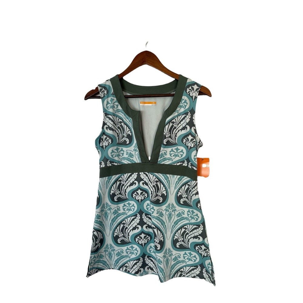 Lucy Calypso‎ Coverup blue print Tank Top Plunging V Neck Gym Sleeveless Sz Med